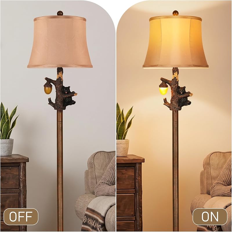 63-Inch Rustic Floor Lamp with Bear Nightlight for Bedroom & Living Room