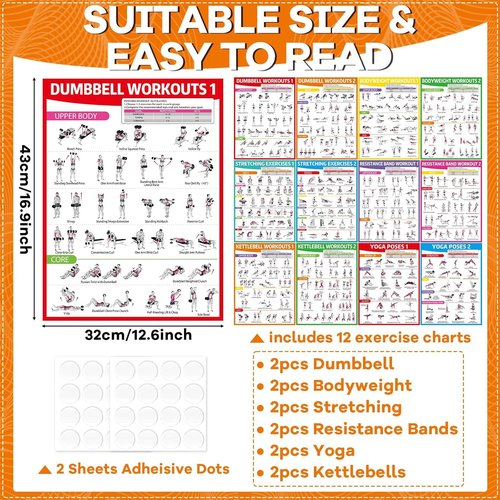 **Gisgfim 12PCS Workout Posters - Full Body Exercise Charts for Home Gym | Dumbbells, Yoga, Resistance Bands**