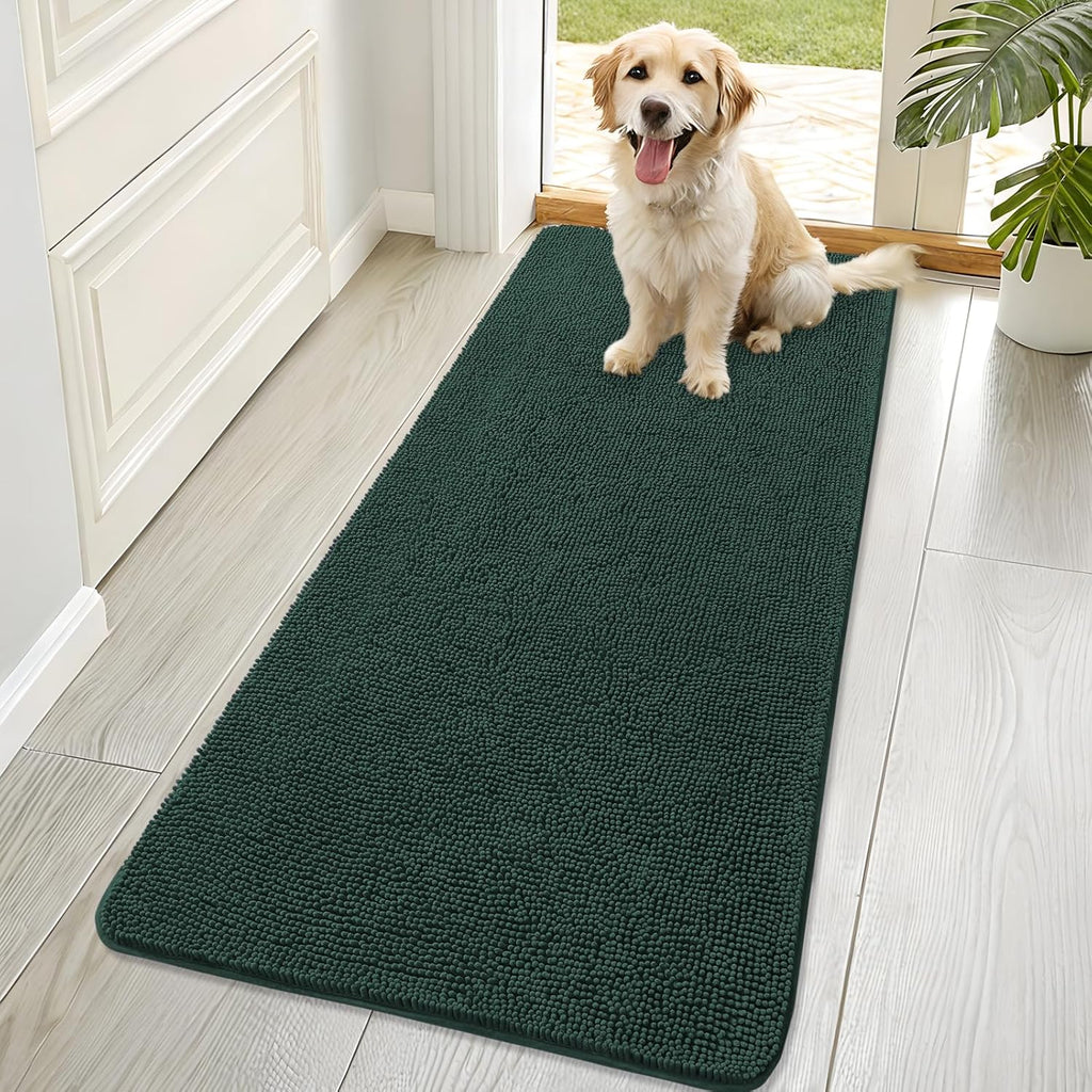 OLANLY Dog Door Mat - Absorbent Non-Slip Mud Mat for Indoor Use | 70x32, Quick Dry Chenille, Blackish Green