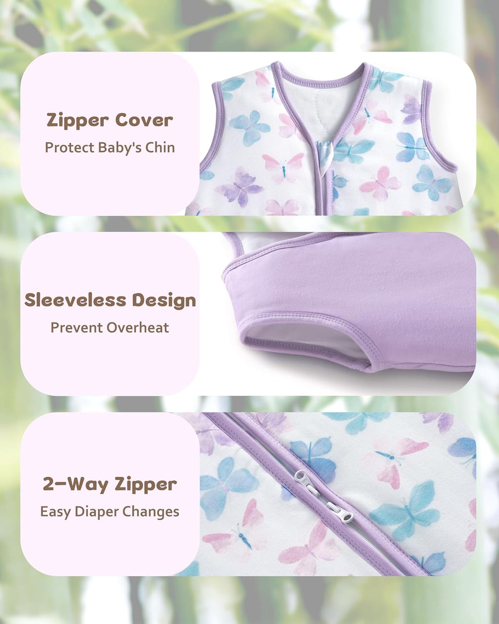 Rayon Made from Bamboo Baby Sleep Sack - Soft 1.0 Tog Wearable Blanket for Infants | 6-12 Months, 2-Pack, Purple Butterfly