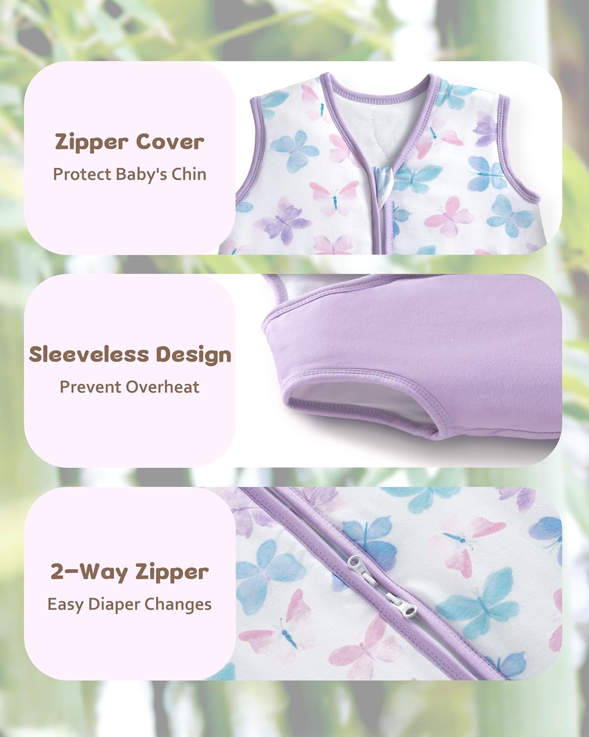 Rayon Made from Bamboo Baby Sleep Sack - Soft 1.0 Tog Wearable Blanket for Infants | 6-12 Months, 2-Pack, Purple Butterfly