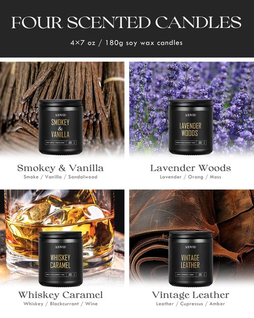 AOOVOO Scented Candles for Men - 4 Pack Candles for Home Scented, 28oz Soy Wax, 200 Hour Burn Time, Men Candle Set, Leather/Smoke & Vanilla/Whiskey Caramel/Lavender Candle Set