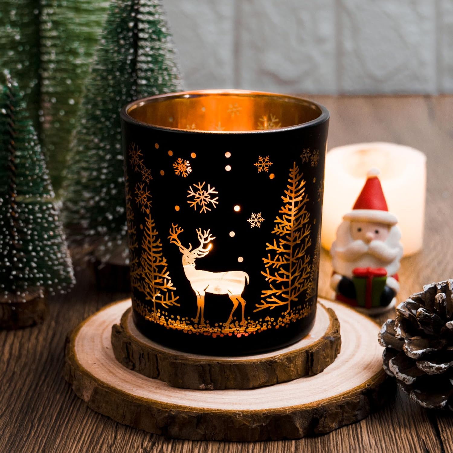 Skiennix Votive Candle Holders - Black and Gold Glass Tealight Set of 3 | Festive Elk, Tree & Snowflake Design
