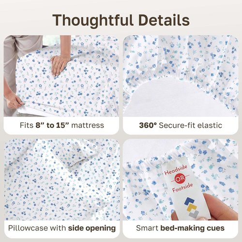 California Design Den Twin Size Cotton Sheet Set - 100% Soft Cotton, 400 Thread Count, Floral White/Blue