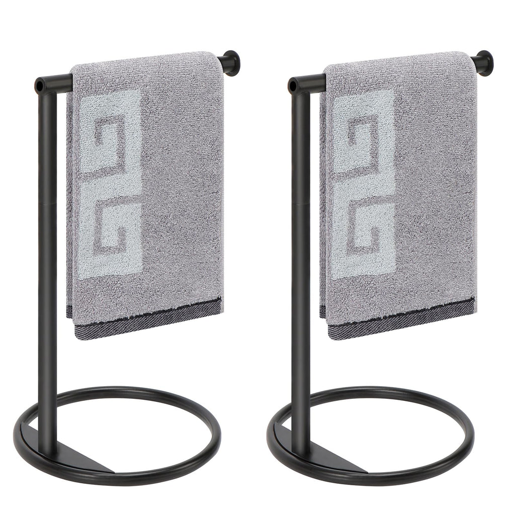 NearMoon Hand Towel Holder Stand, Thicken Metal L Shape Hand Towel Rack, Small Towel Ring, Stable Standing Towel Bar for Bathroom Kitchen Vanity Countertop, 8” L 14” H (Matte Black, 2 Pack)