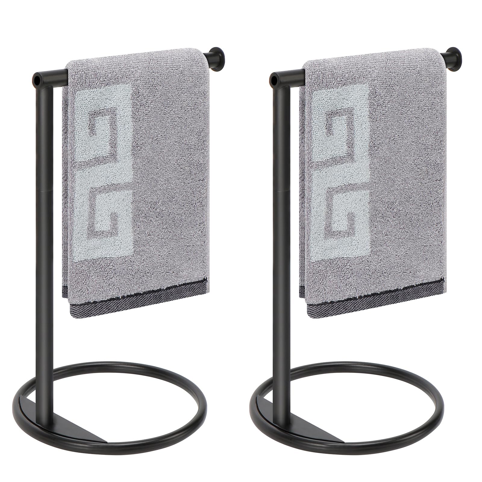 NearMoon Hand Towel Holder Stand, Thicken Metal L Shape Hand Towel Rack, Small Towel Ring, Stable Standing Towel Bar for Bathroom Kitchen Vanity Countertop, 8” L 14” H (Matte Black, 2 Pack)