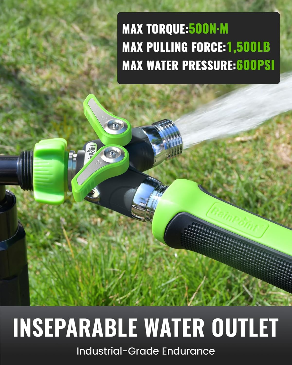 RAINPOINT 2-Way Garden Hose Splitter - Heavy Duty Metal Body with Shutoff Valves | 1.9" Long Handle, Green