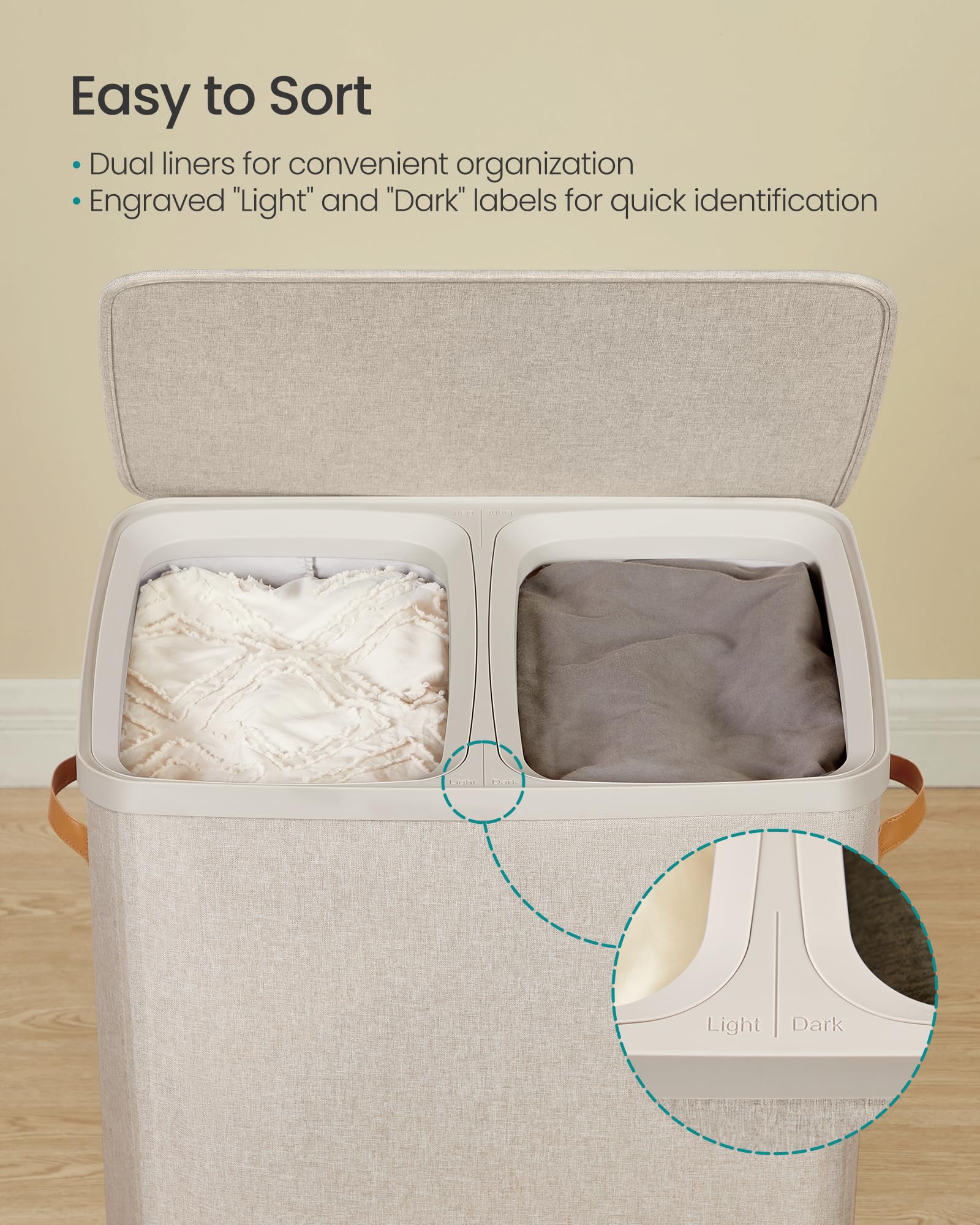 SONGMICS Laundry Basket, 44.9 Gal. Laundry Hamper, 2 Compartments, Easy Assembly, with Lid and Handles, Removable Liners, 22 x 15.7 x 29.5 Inches, Cappuccino Beige ULCB813L01