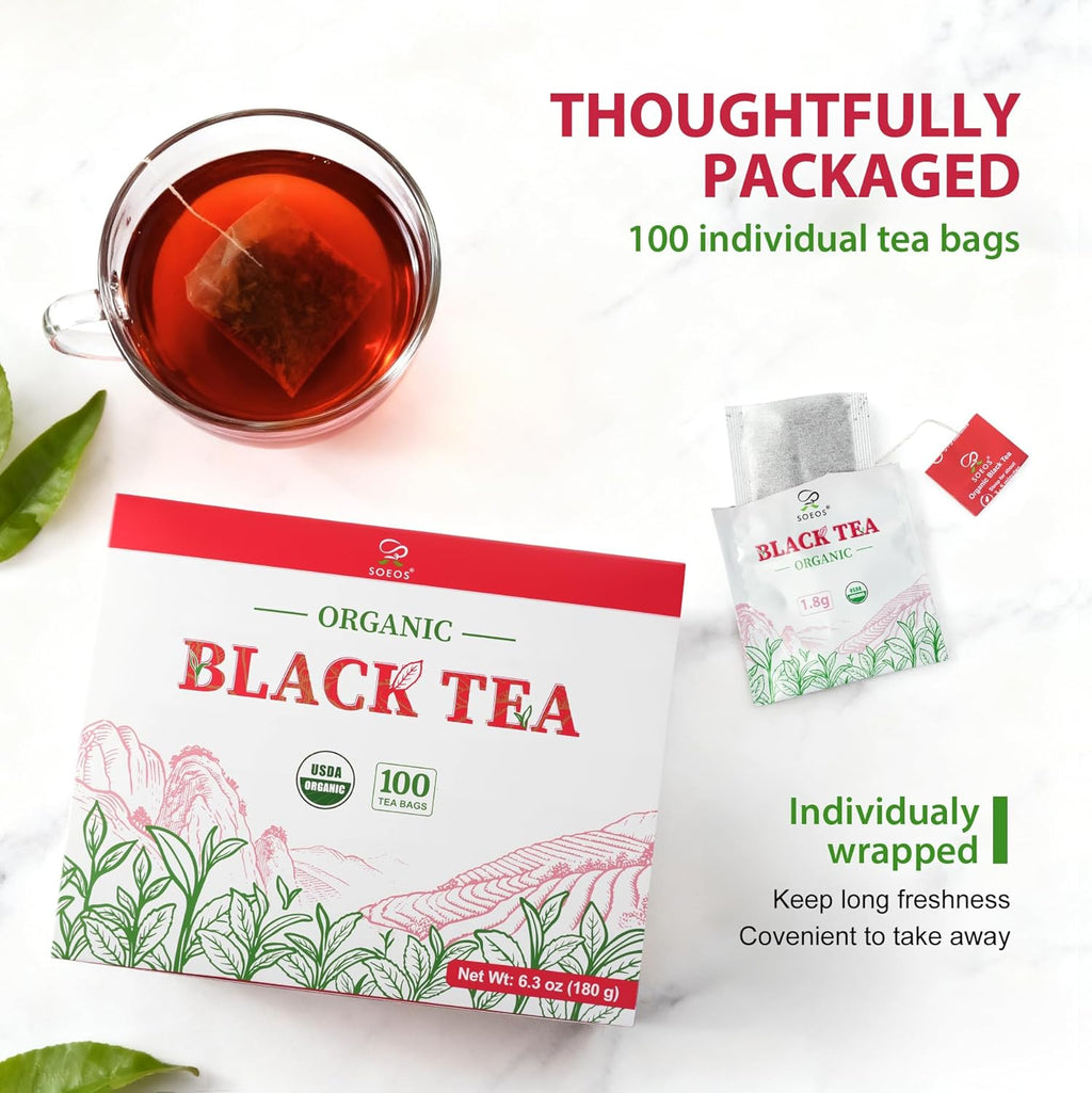 Soeos Organic Black Tea Bags - Bold Aroma & Smooth Flavor | 6.3oz (180g) Pack of 2