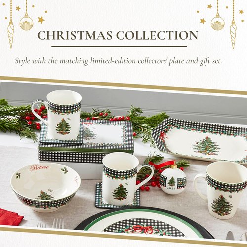 Spode Christmas Tree Revere Bowl - Checkered Exterior & Holly Accents, Festive Candy Dish or Snack Bowl with Sentiments Inside, 6" Porcelain - Dishwasher & Microwave Safe, Great for Gifting & Parties