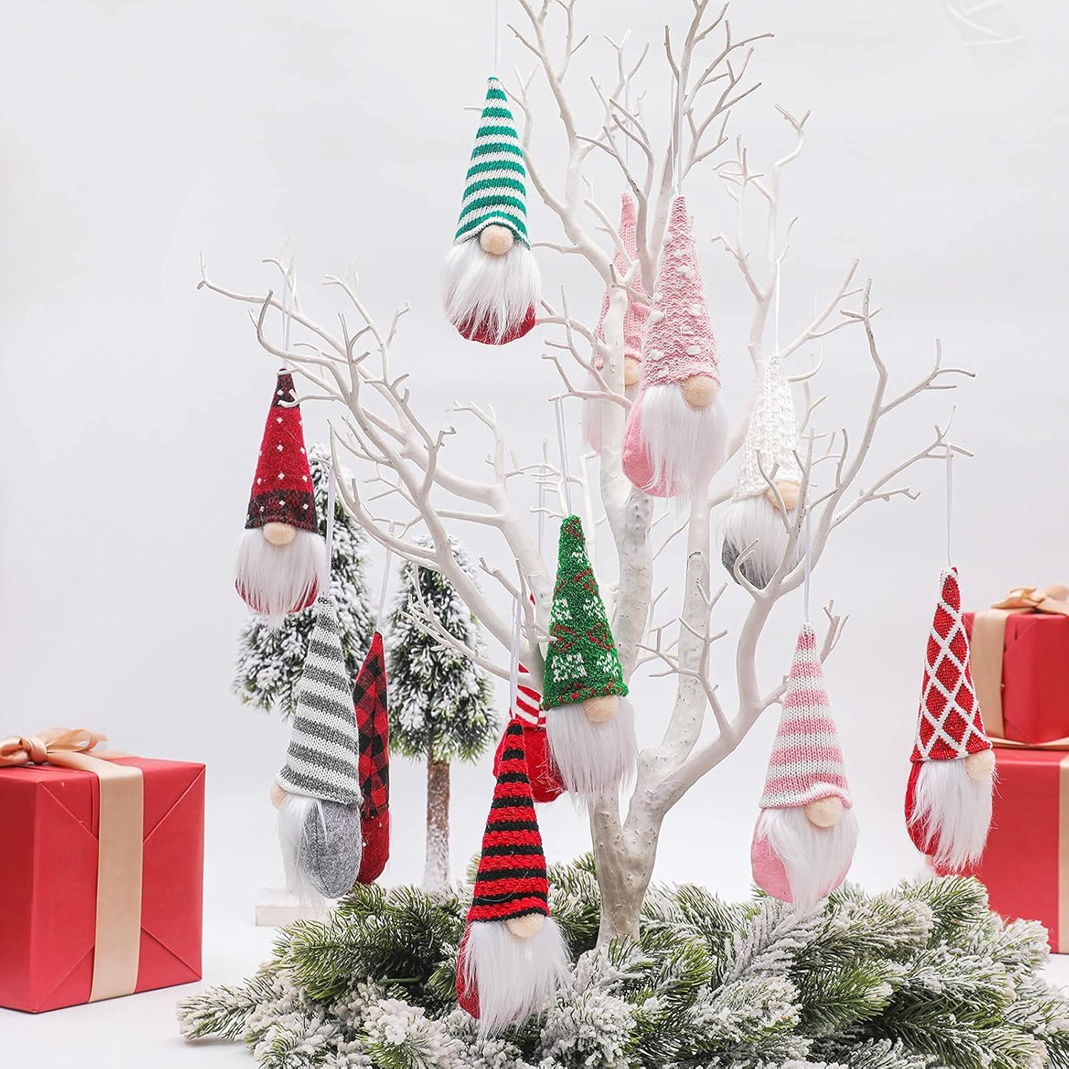Skiennix Gnome Christmas Ornaments - Set of 3 Plush Tomte Santa Gnomes | Pink Holiday Decor