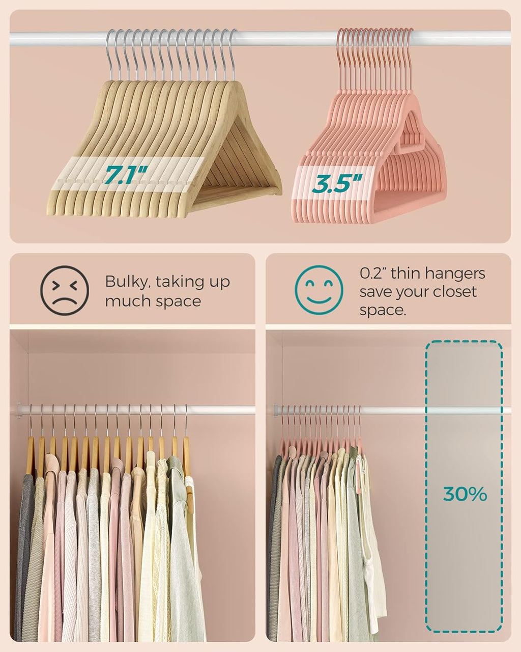 SONGMICS Velvet Hangers - Set of 50 Non-Slip Clothes Hangers with Rose Gold Swivel Hook | Coral Pink, 17.1-Inch