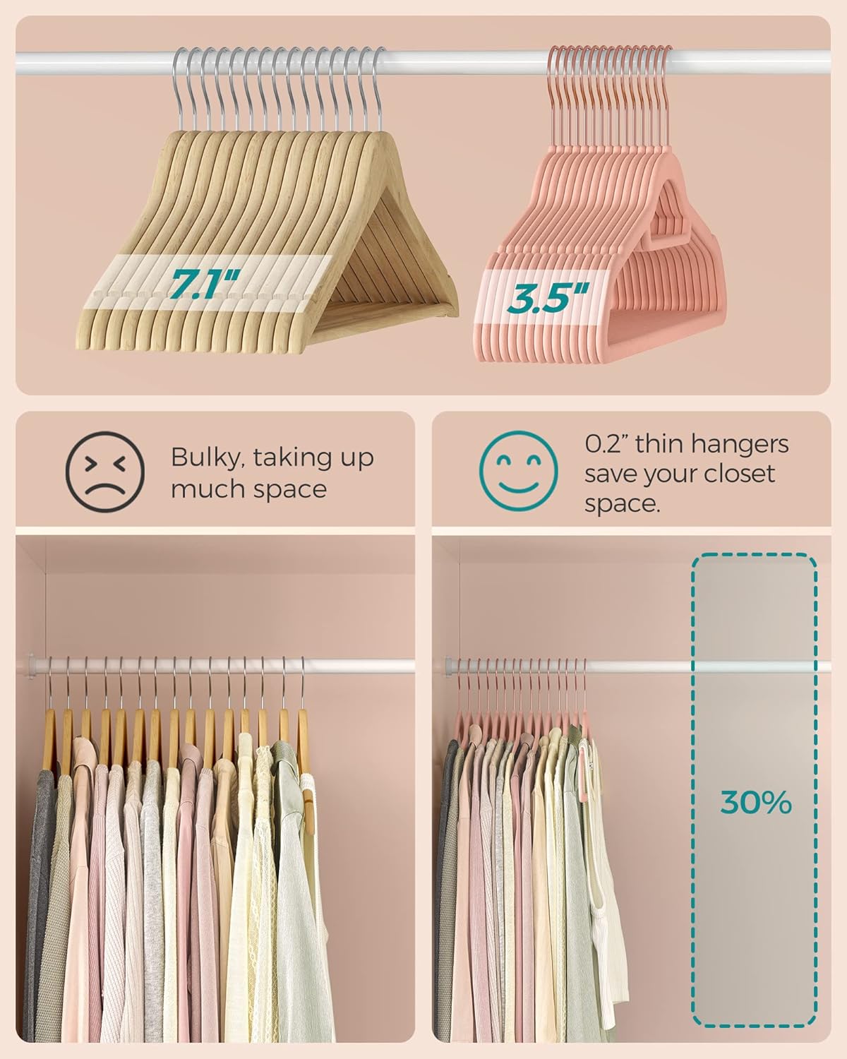 SONGMICS Velvet Hangers - Set of 50 Non-Slip Clothes Hangers with Rose Gold Swivel Hook | Coral Pink, 17.1-Inch