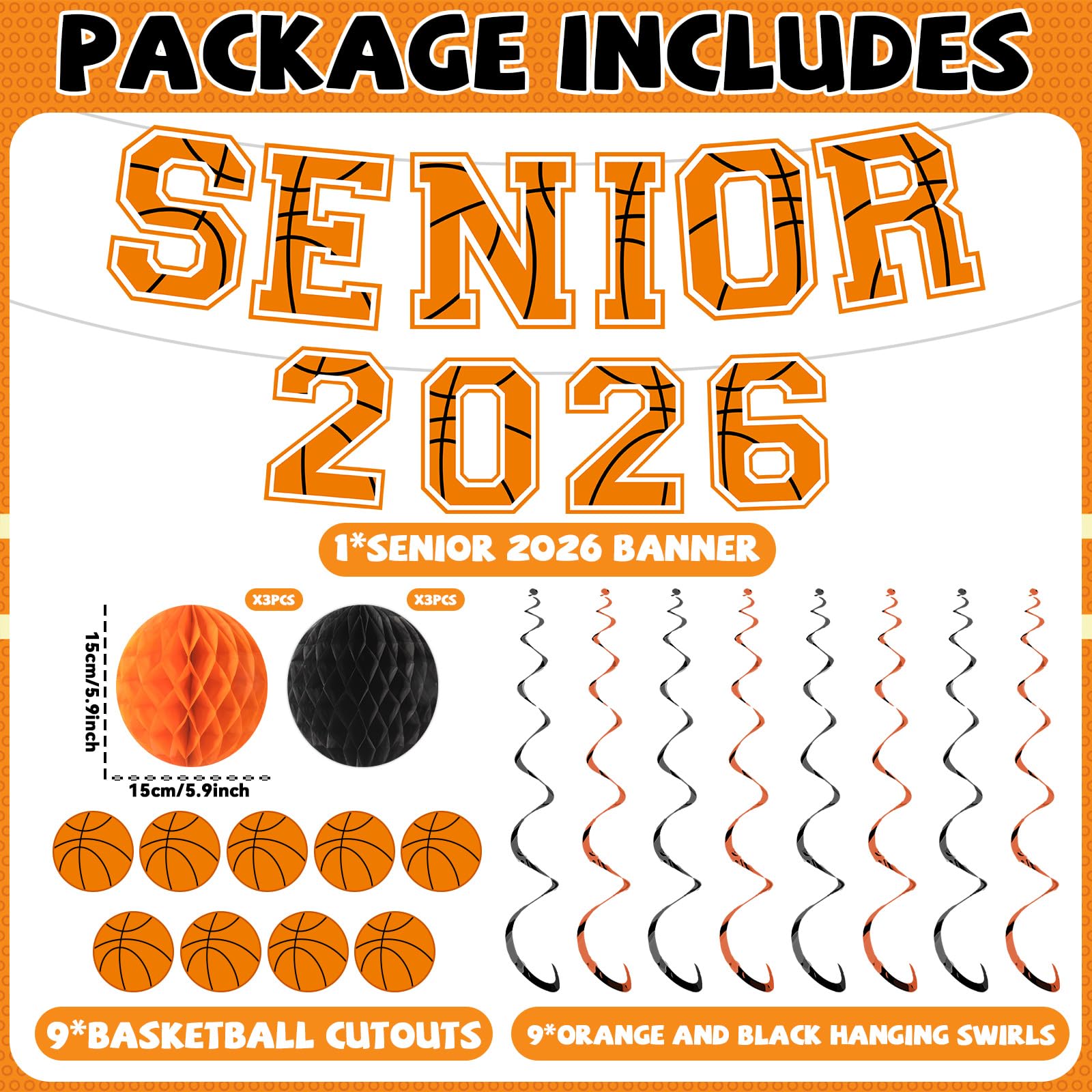 Basketball Senior Night 2026 Party Decor Senior 2026 Sport Theme Banner with Honeycomb Balls Basketball Photo Backdrop Sport Graduation Hanging Ornaments for High School College Graduation Supplies