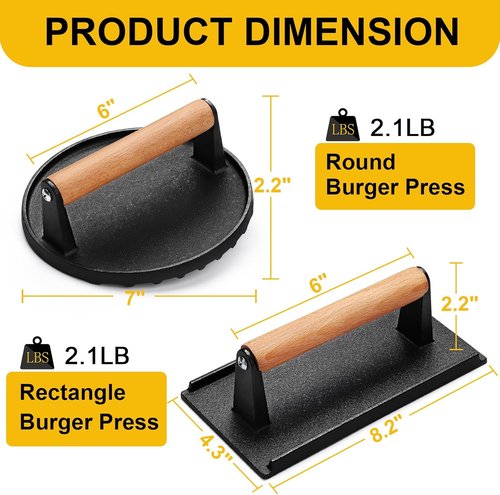 AIVIKI Burger Press - Heavy Duty Cast Iron Smash Burger Press | Round 6.9In & Rectangular 8.2x4.2In