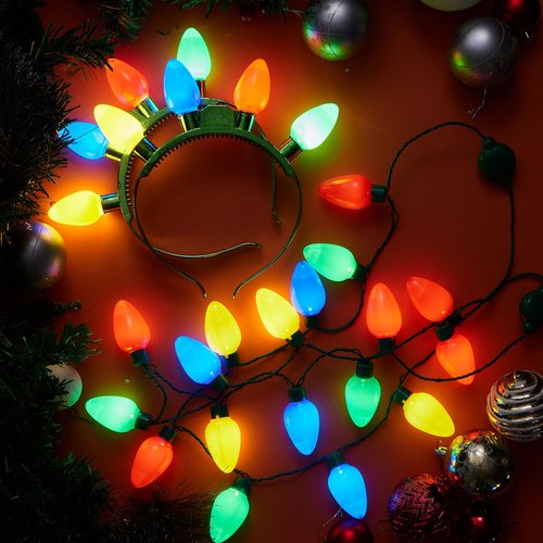 JOYIN 6 Pcs Christmas Light Up Headband and Necklace with 6 Flashing Modes, LED Christmas Bulb Lights Necklace Headband for Kids Women Men Xmas Party Supplies Accessories