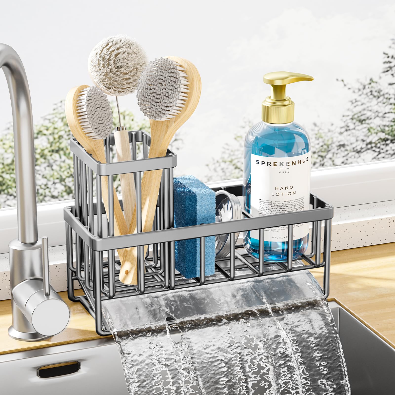 Kitsure Sponge Holder for Kitchen Sink - Rustproof Stainless Steel Sink Caddy Organization and Storage Essentials with High Brush Holder, Home Decor Accessories, 7.9" x 3.7" x 6.2", Silver