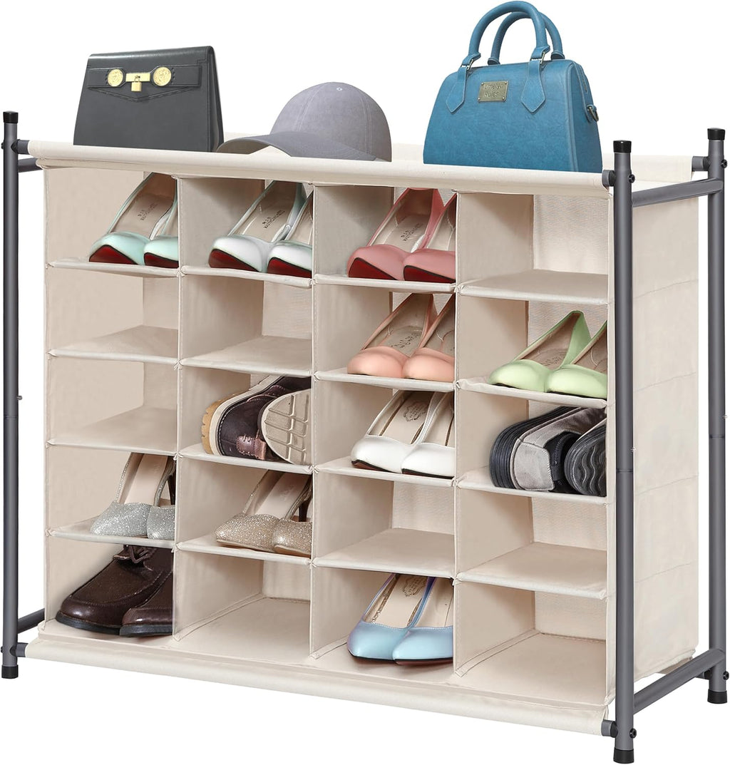 Storage Maniac Stackable Shoe Cubby Organizer - 20-Cube Free Standing Rack in Beige for Entryway & Closet