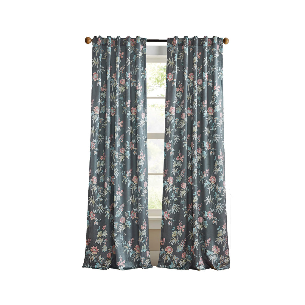 Martha Stewart Floral Curtains Room Darkening Botanical Flower Grey Back Tab Window Curtain Panel Pair, Norah, 95", Charcoal