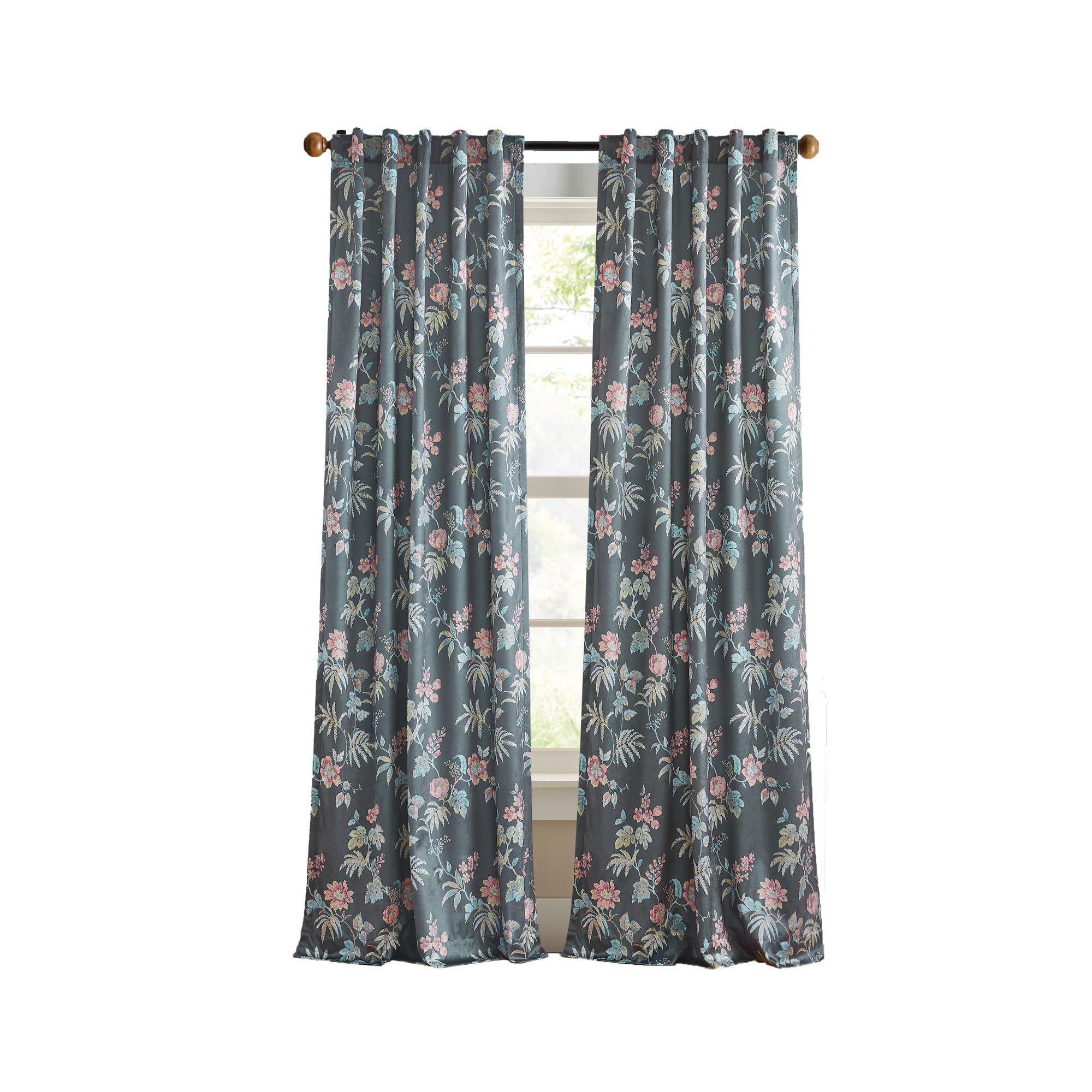 Martha Stewart Floral Curtains Room Darkening Botanical Flower Grey Back Tab Window Curtain Panel Pair, Norah, 95", Charcoal