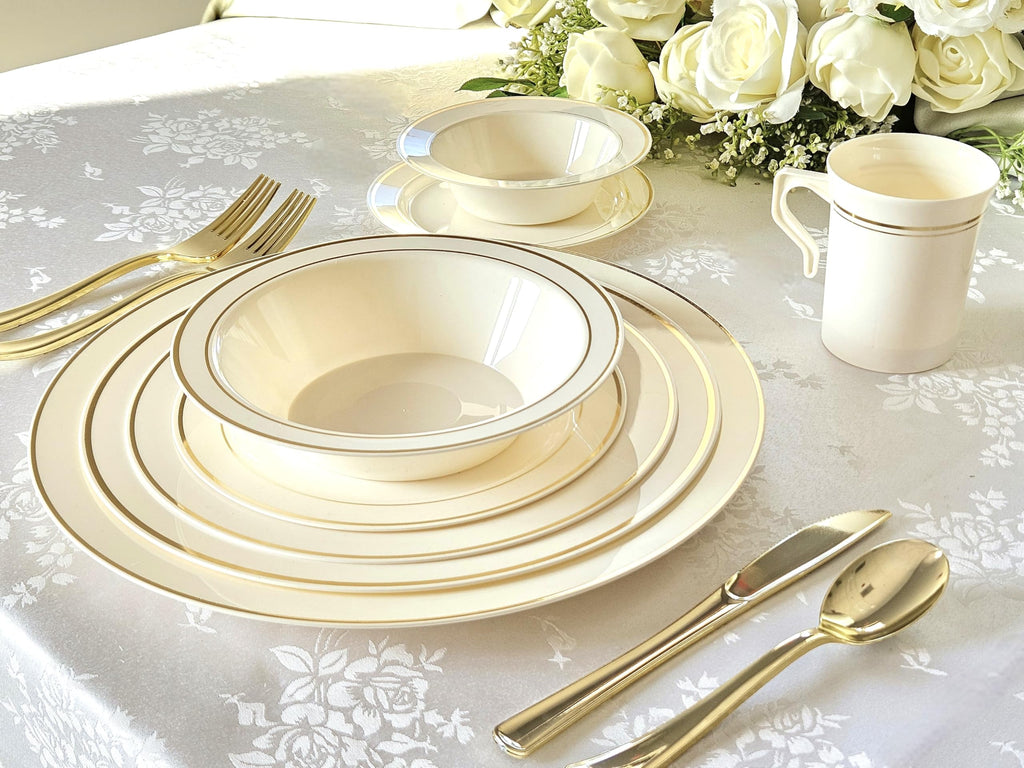 OCCASIONS 40 Pack Disposable Plastic Charger Plates 12 Inch, Heavy Duty Bulk Chargers for Dinner Plates, Wedding Party, Fancy Dinnerware, Recyclable BPA Free (Ivory & Gold Rim)