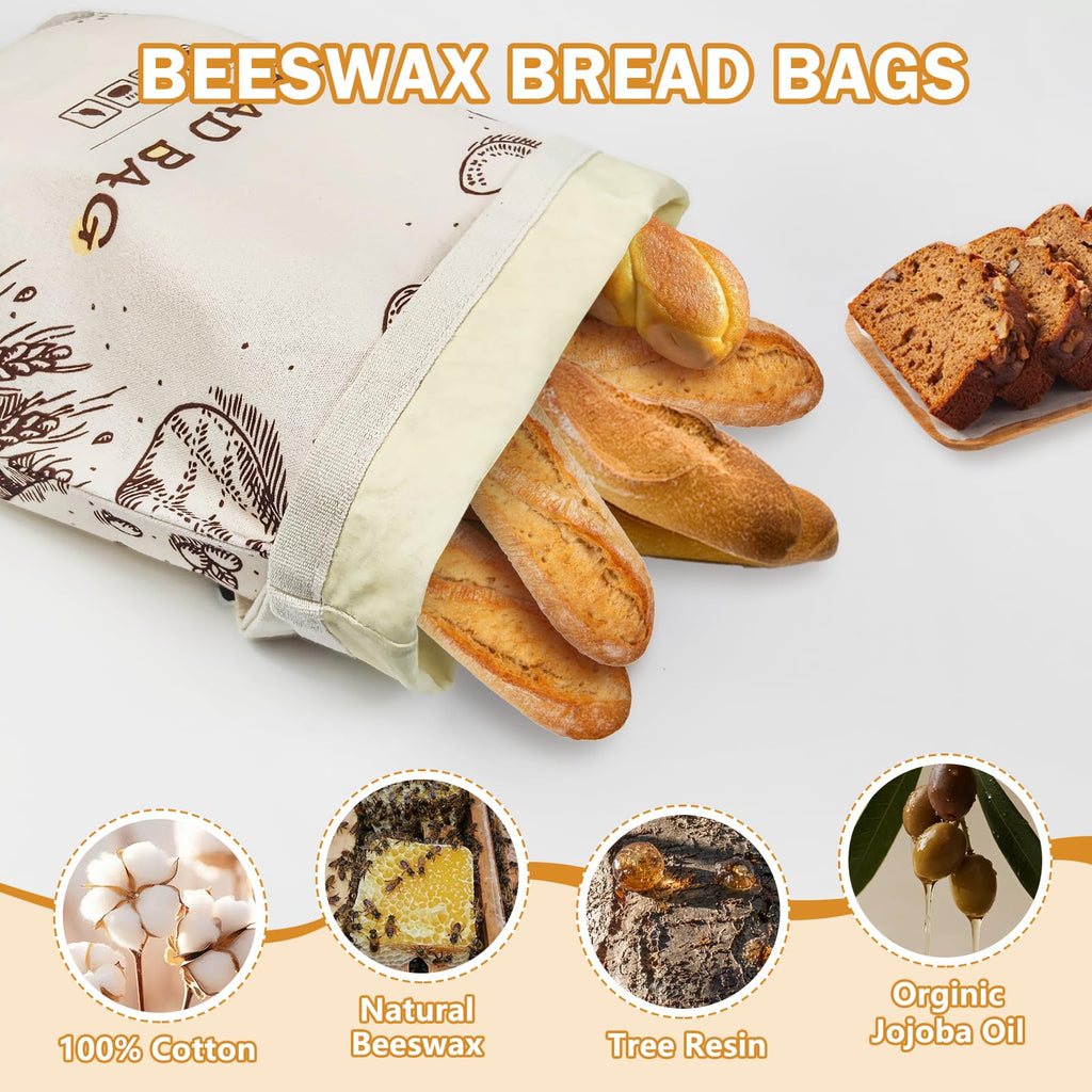 Reusable Beeswax Bread Bags, 2 Pack 13x17 Inch Sourdough Bread Storage Bags for Homemade Bread, Eco-Friendly Beeswax Food Storage Bags, Linen Bread Bag Alternative for Freshness Preservation
