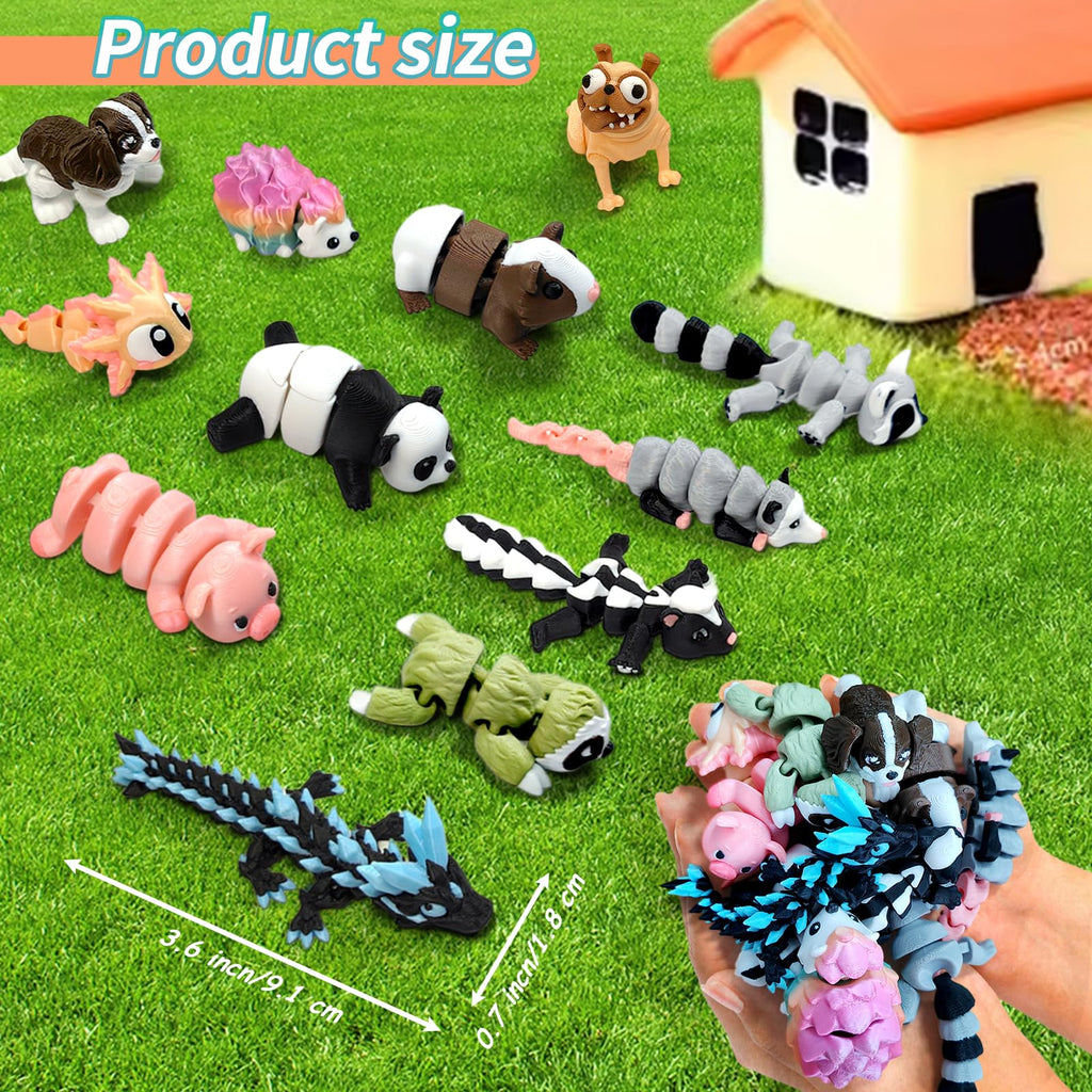 AQXYTK 12-Pack 3D Printed Animal Figurines Set, Articulated Posable Desk Companions & Fidget Toys (4"), Creature Collection Dog/Panda/Dragon/Sloth/Raccoon – Office Desk Decor, Party Favors, Gift