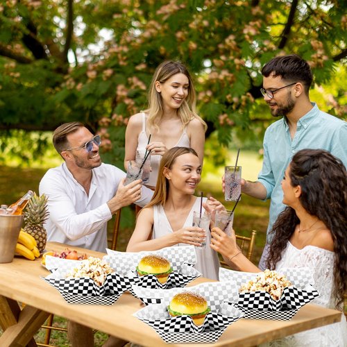 Geosar 100 Pcs Gingham Party Supply Disposable Paper Food Tray Bulk Disposable Food Boat with Checkered Wax Paper Sheet Checkered Wrapping Supply for Carnival Picnic Birthday Party (Black White)