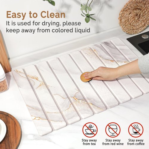 Large Stone Dish Drying Mat for Kitchen Counter,Quick Dry Stone Dishes Mats,Marbled Water Absorbing Diatomaceous Earth Drying Pad for Countertop Bottles Utensils Cups(Yellow White 24"x16"&8"x4")