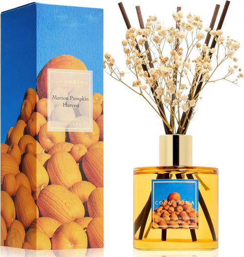 COCORRÍNA Reed Diffuser - Morton Pumpkin Harvest Set with 8 Sticks & Preserved Baby's Breath | Home Decor