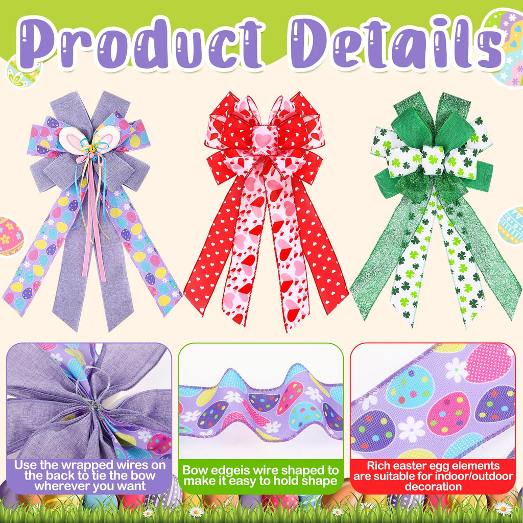 Suncalla 3 Pack Large Spring Holiday Wreath Bows Pre Tied Heart Shamrocks St. Patrick's Day Easter Egg Wired Ribbon Decorative Holiday Tree Topper Bow for Front Door Indoor Outdoor Decorations ()