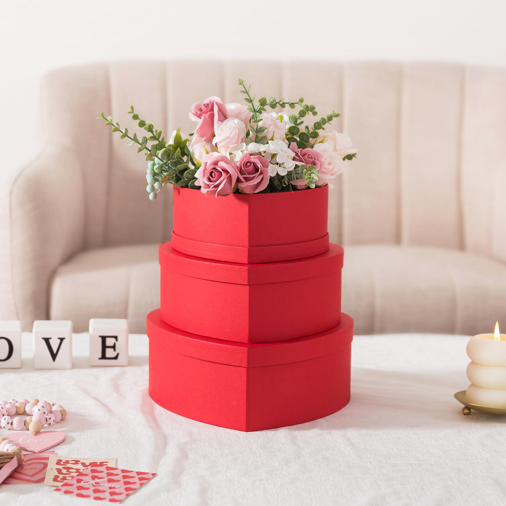 Soul & Lane Heart Shaped Boxes for Flowers - Set of 3 - Red, Large Cardboard Heart Gift Boxes for Presents with Lids, Ideal for Valentine's Day, Mother's Day