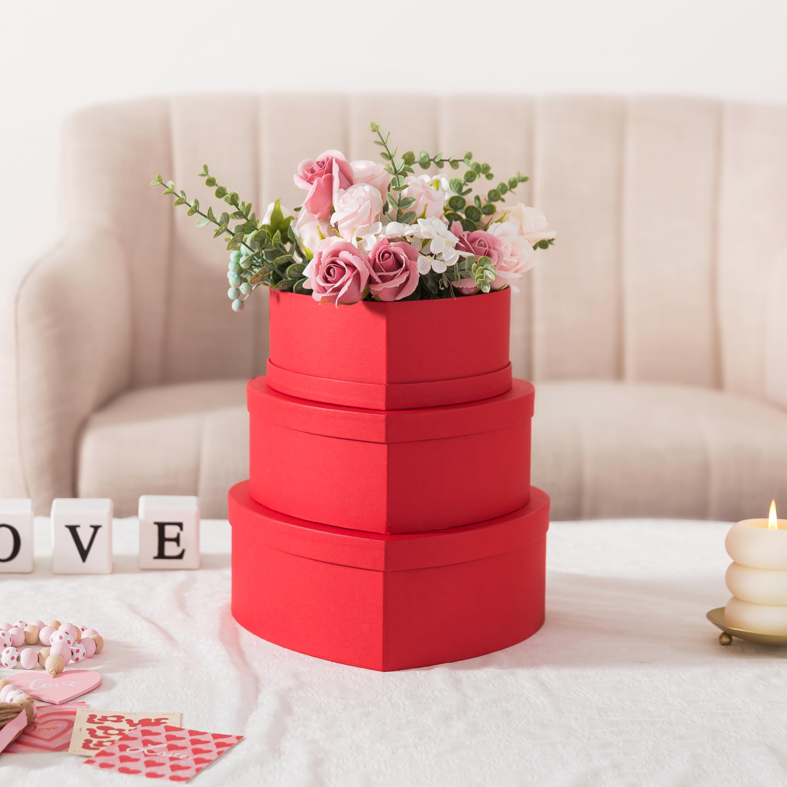 Soul & Lane Heart Shaped Boxes for Flowers - Set of 3 - Red, Large Cardboard Heart Gift Boxes for Presents with Lids, Ideal for Valentine's Day, Mother's Day