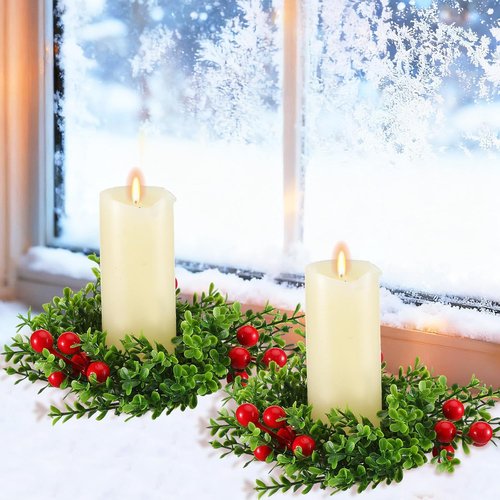Daifunli Christmas Pillar Candle Rings - 8 Pcs 2-Inch Mini Artificial Boxwood Berry Wreaths for Holiday Decor