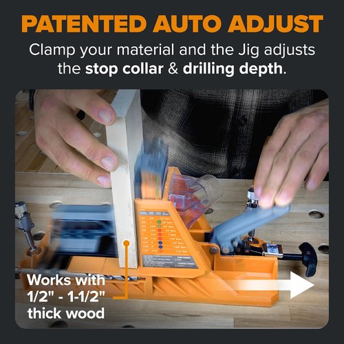 BORA Automatic Pocket Hole Jig Kit - Auto Adjusting Drill Guide with 50 Color-Coated Screws | For 1/2" to 1 1/2" Thick Materials
