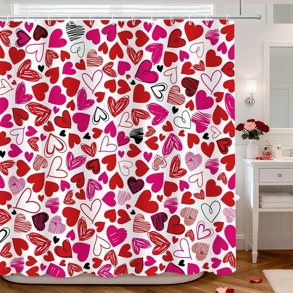 MEHOFOND Valentines Day Shower Curtain Doodle Style Hearts Valentine's Day Shower Curtain for Bathroom Romantic Red Pink Black Love Bathtub Decor Fabric Waterproof Washable Bath Curtain 72x72 Inch