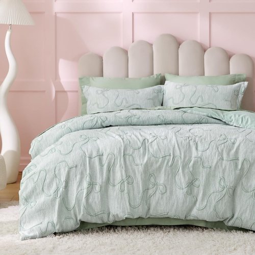Bedsure Green Duvet Cover - Elegant Bowknot Jacquard Design | Queen Size 90"x90" with 2 Pillow Shams