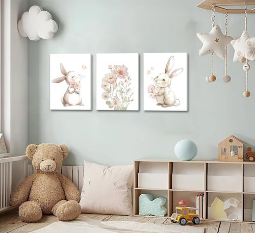 Grengel Pink Bunny Canvas Wall Art - Cute Rabbit with Wildflowers | Botanical Decor for Nursery