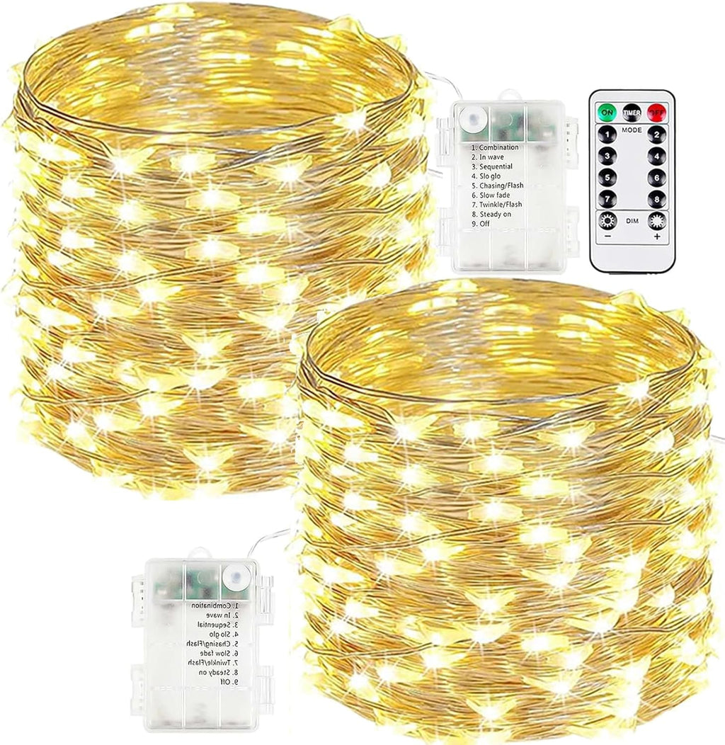 Skiennix 2-Pack Battery Operated Fairy Lights - 66FT 200 LED Waterproof String Lights | 8 Modes with Timer for Indoor & Outdoor Decor (Warm White)