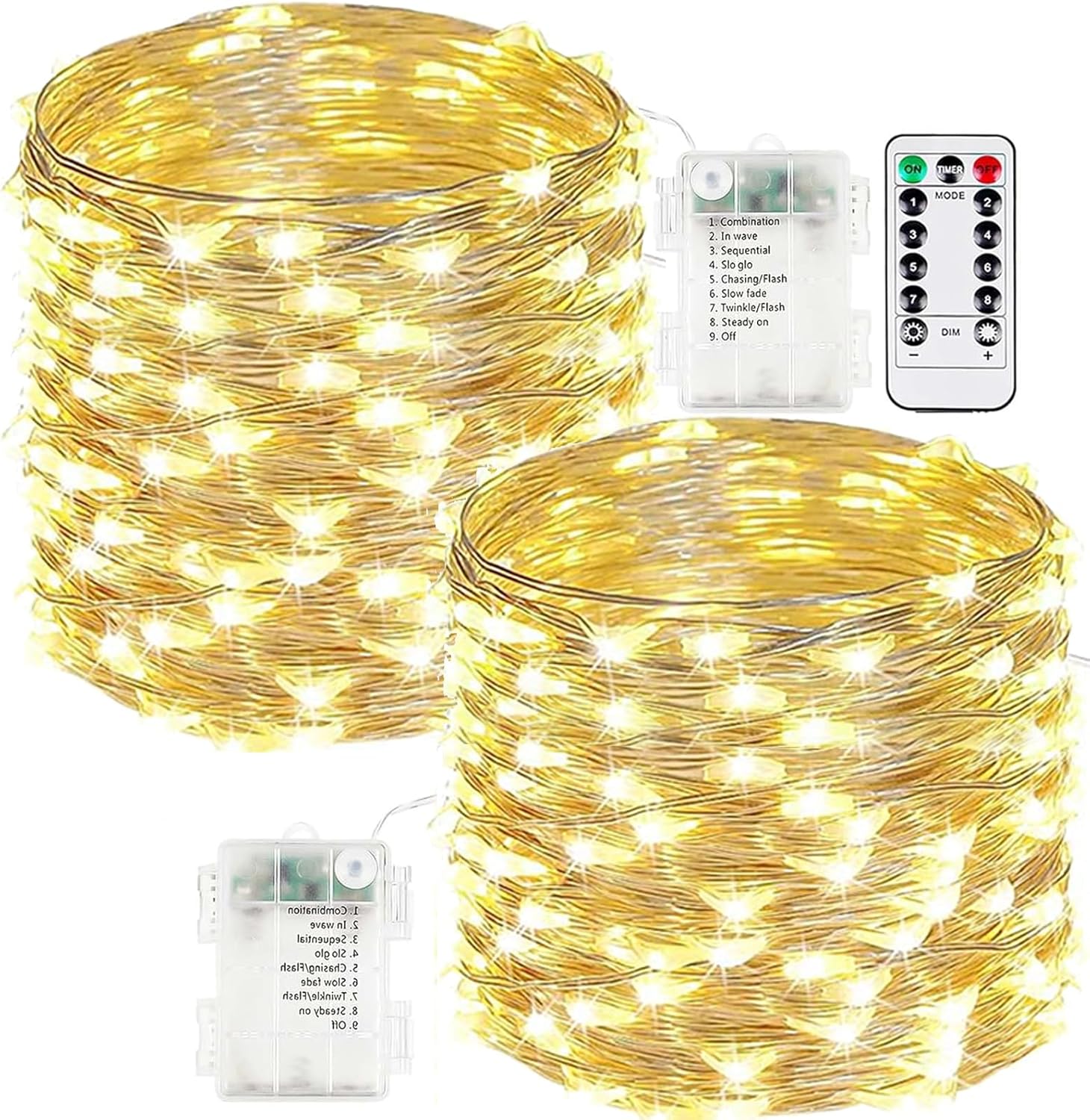 Skiennix 2-Pack Battery Operated Fairy Lights - 66FT 200 LED Waterproof String Lights | 8 Modes with Timer for Indoor & Outdoor Decor (Warm White)