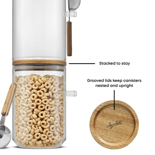 JoyJolt Holden 32oz Stackable Glass Storage Containers with Lids and Scoops, Airtight Food Canister Set of 3 w/Acacia Wood Lids, Round Stacking Pantry and Kitchen Containers w/Scoop | Clear