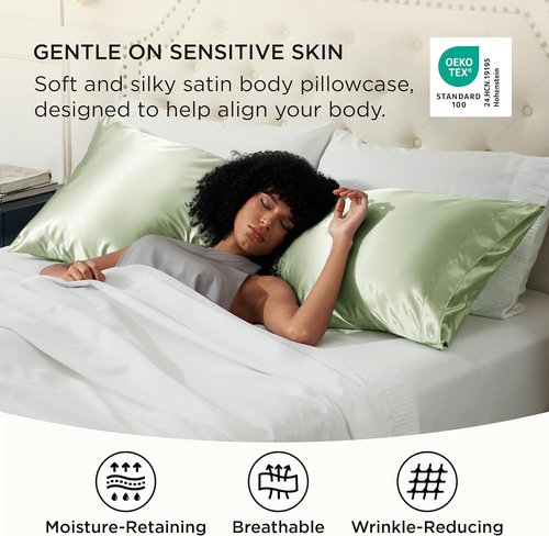 Bedsure Body Pillow Cover - 20x54 Inches Sage Green Satin for Hair & Skin | Cooling, Silky Envelope Closure