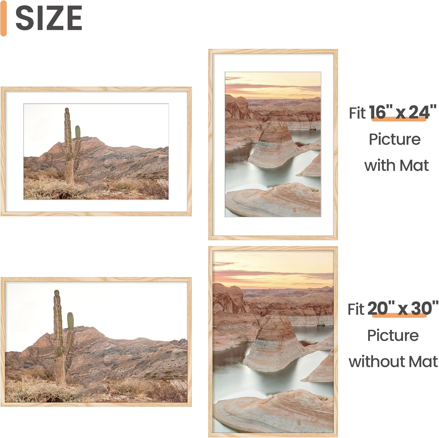 Upsimples 20x30 Poster Frame - Versatile Display for 16x24 Pictures with Mat or 20x30 Without Mat | Natural Finish