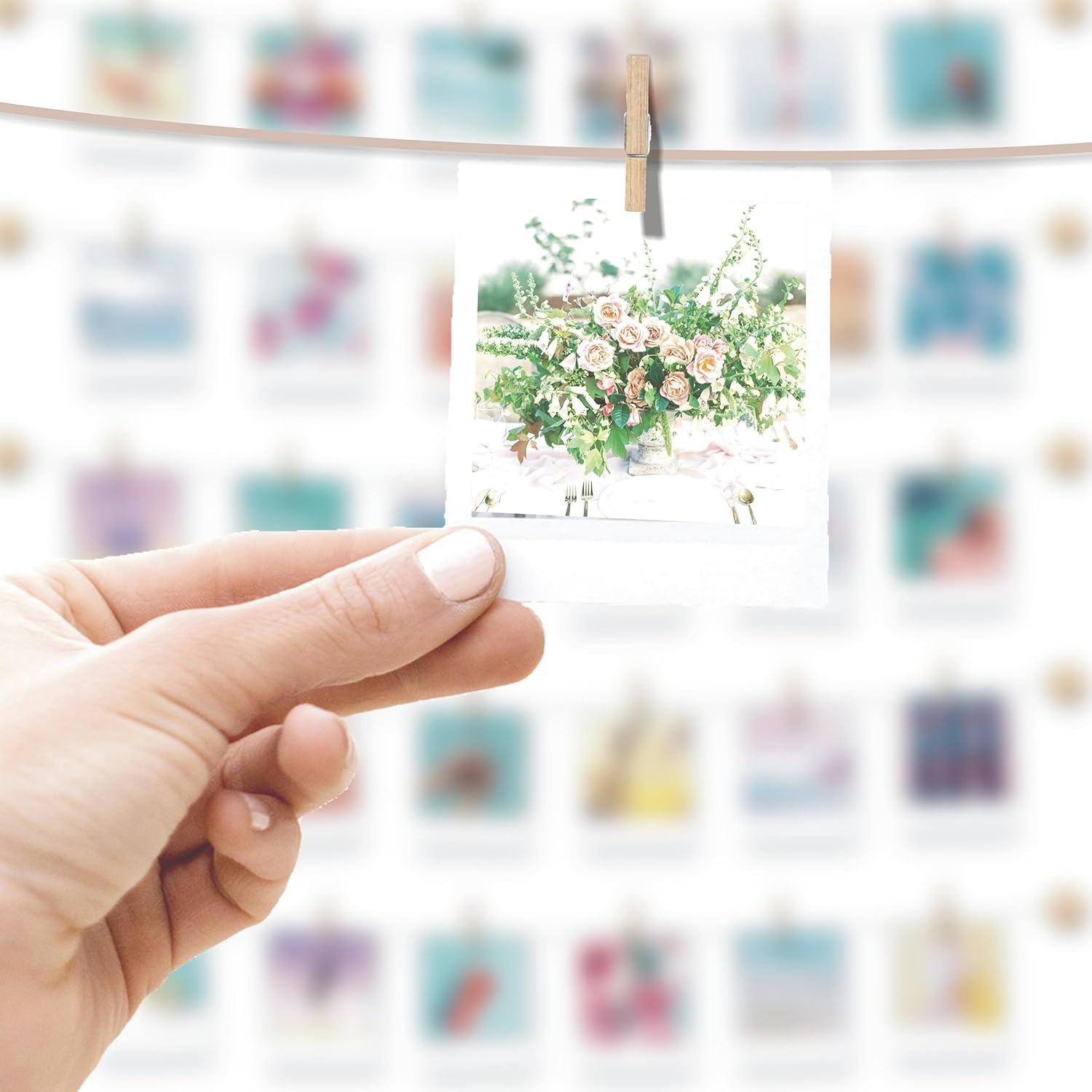PhotoWall Hanging Photo Display | Sculptural Picture Frames Collage - 5 Strings, 30 Clips, 3M Hooks - 30 x 30 Inch