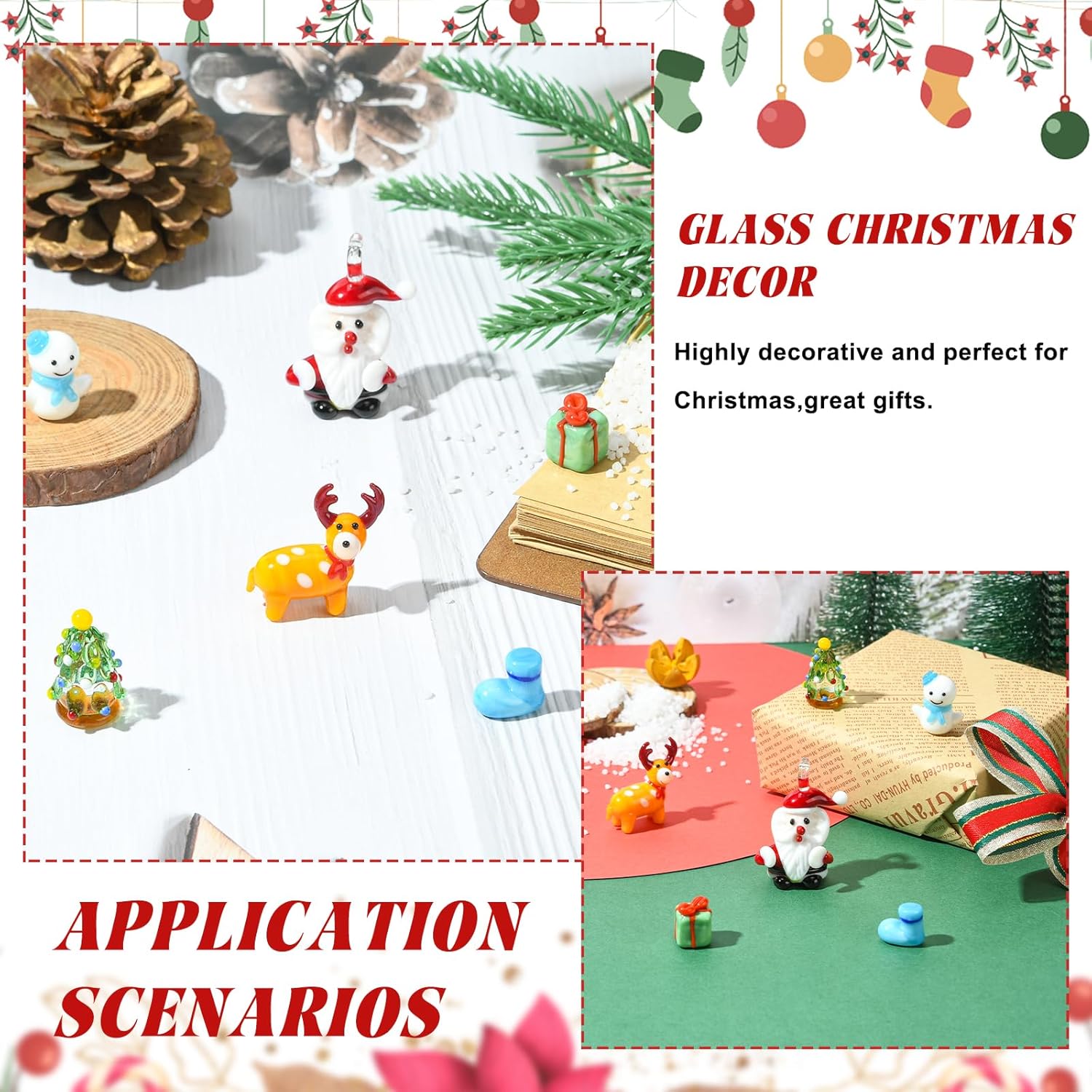 Skiennix 6Pcs Christmas Mini Glass Animal Figurines - Hand Blown Elk & Snowman Collectibles for Home Decor