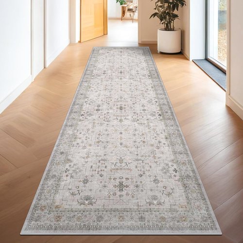 Hazo Haus Boho Hallway Runner Rug - Light Gray & Taupe, Washable, Non-Slip, Stain Resistant, 16ft