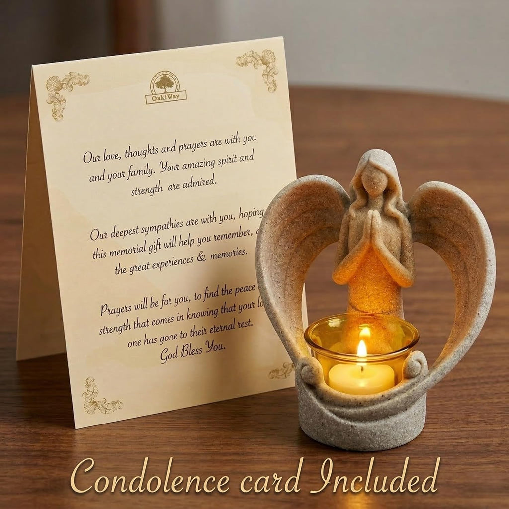 OakiWay Memorial Candle Gift - Angel Figurine Tealight Holder with Flickering LED Candle | Sympathy & Bereavement Decor