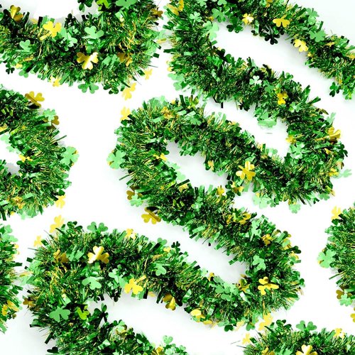 Gold Green Shamrock Tinsel Garland 33FT | Shiny Metallic Streamer Twist for Hanging St Christmas Decorations, Indoor Outdoor