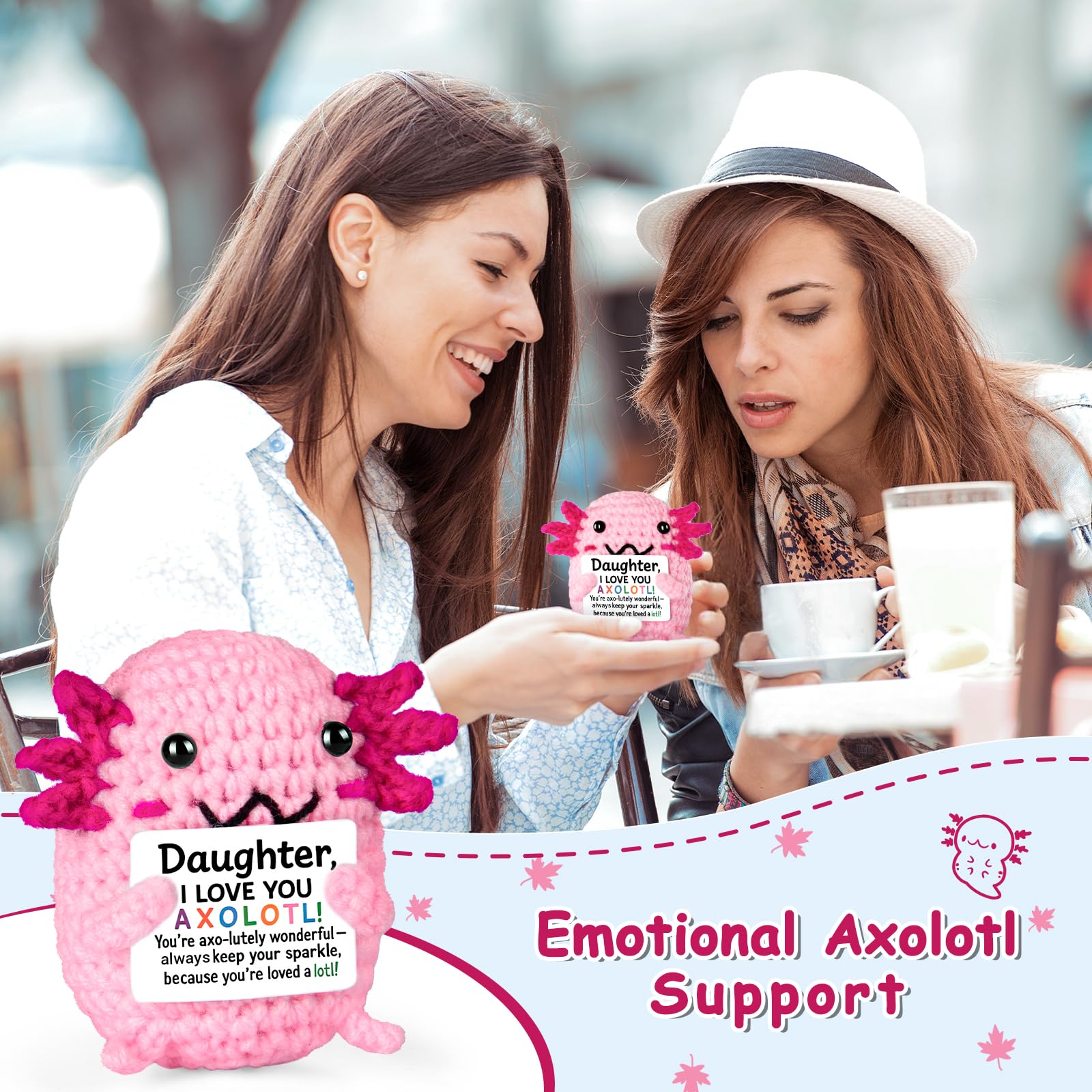 FliipFlaap Positive Crochet Animal Axolotl for Daughter – Cute Handmade Encouragement & Emotional Support Gift from Mom or Dad, Birthday Keepsake Decor, Loving Reminder for Girls