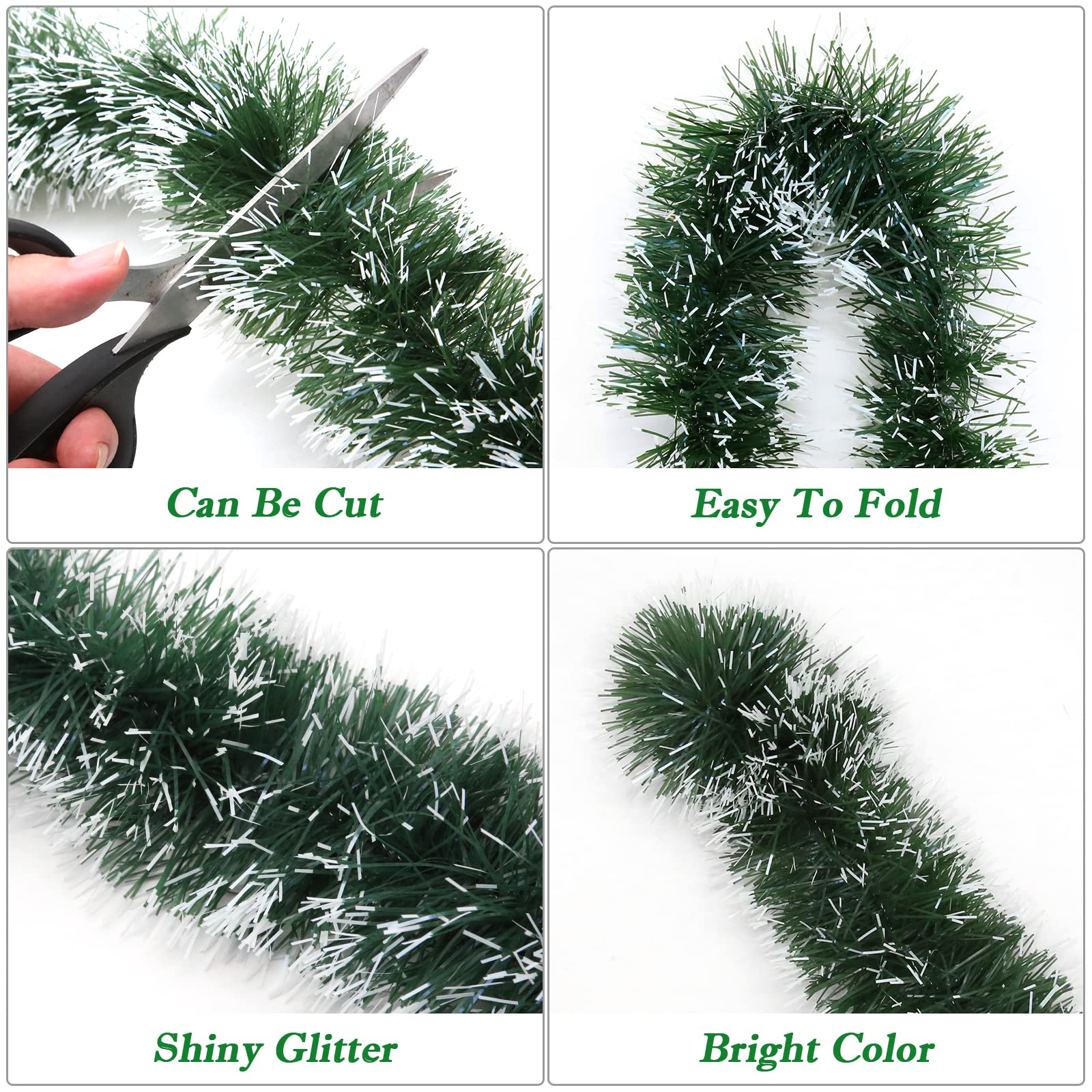 50 Ft Green Christmas Tinsel Garland Metallic Twist Shiny Hanging Garland Decorations for Christmas Tree, Xmas Decor for Holiday Home Party Supplies Indoor Outdoor Decoration